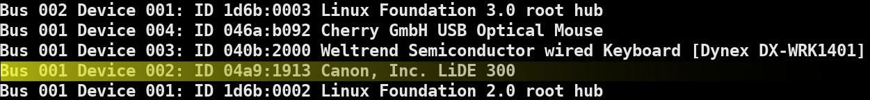 Example output of lsusb command highlighting Canon scanner, showing a line item indicating a Canon device connected on Bus 001 and Device 002, framed in yellow.