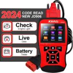 JDiag JD906 OBD2 scanner car diagnostic tool displaying test results on its color screen.