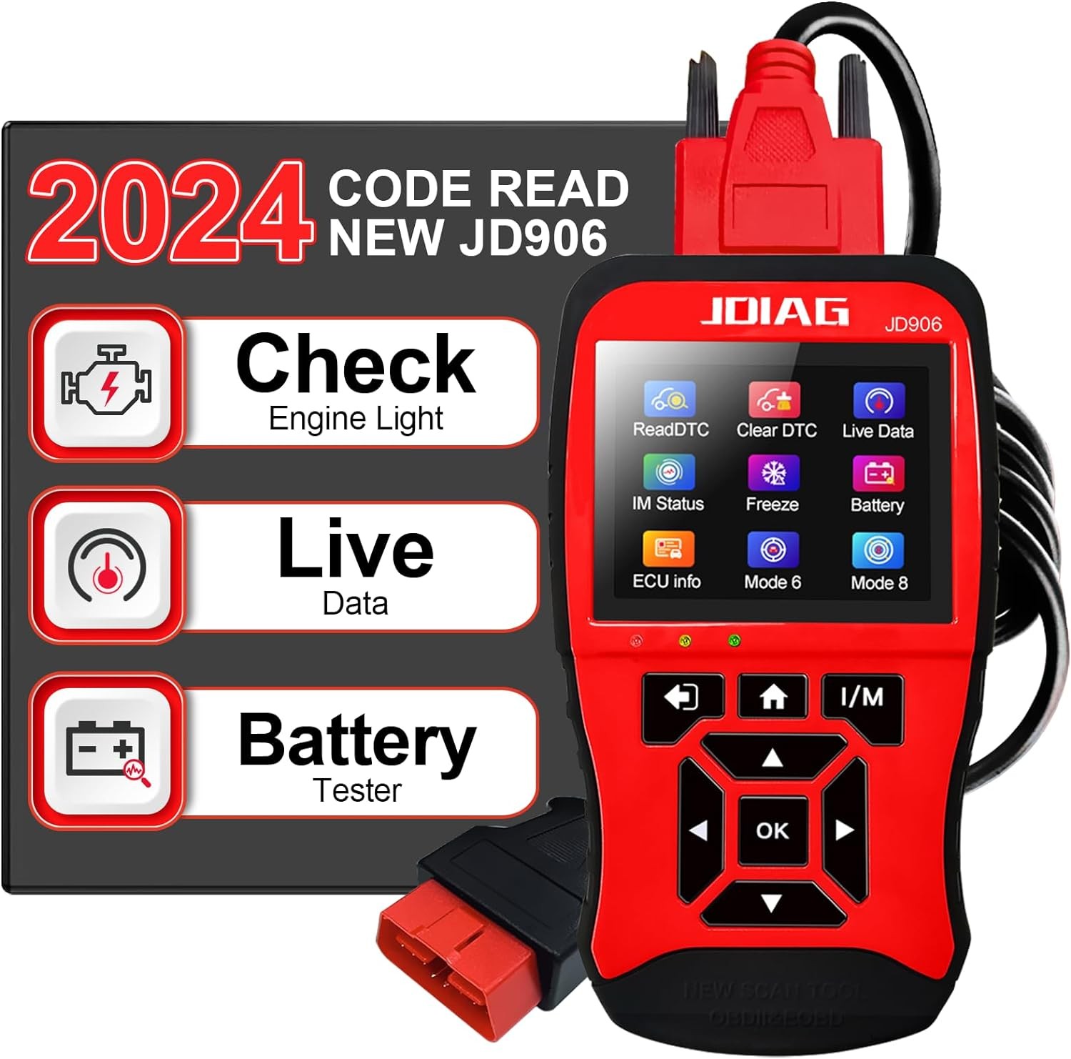 JDiag JD906 OBD2 scanner car diagnostic tool displaying test results on its color screen.