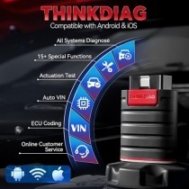 Thinkdiag OBD2 Scanner packaging and device. Close-up of Thinkdiag Bluetooth scanner and retail box, highlighting product features.