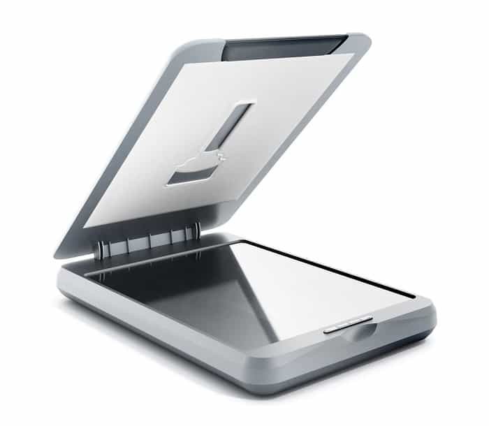 A typical flatbed scanner with its lid open, revealing the glass scanning surface.