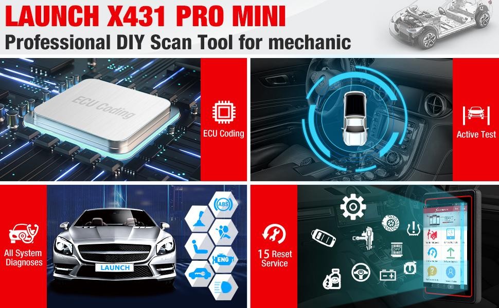 Launch X431 Pro Mini Display showcasing diagnostic capabilities for car systems