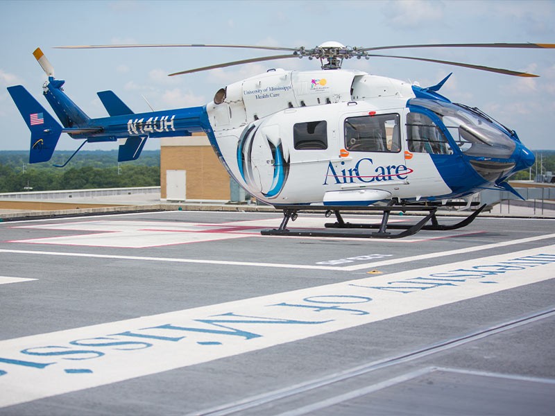 AirCare helicopter on helipad at University of Mississippi Medical Center