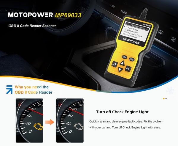 Universal car scanner displaying diagnostic functions on LCD screen, ideal for DIY car maintenance