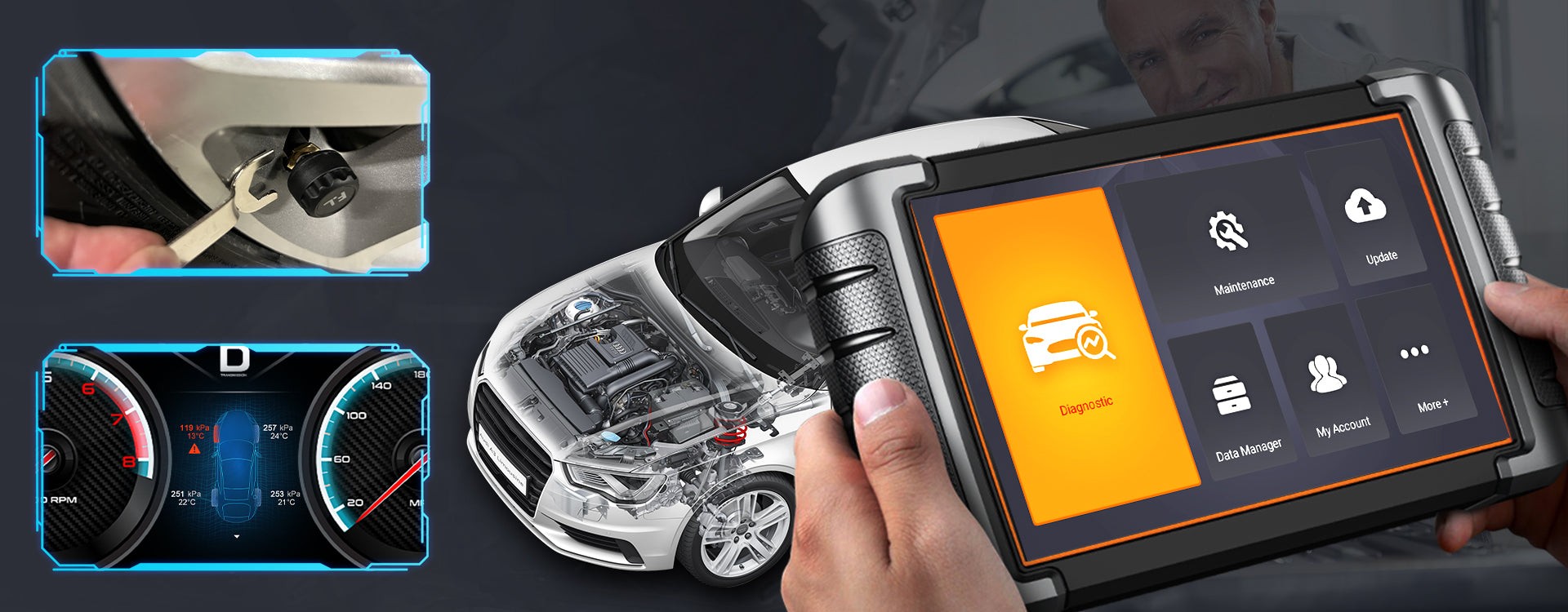 Modern car scanner diagnosing vehicle systems