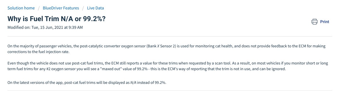 A screenshot from a BlueDriver car scanner interface showing Fuel Trim values for both upstream and downstream O2 sensors, highlighting the downstream sensor reading.