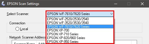 Scanner Selection Dropdown List in Epson Scan Settings