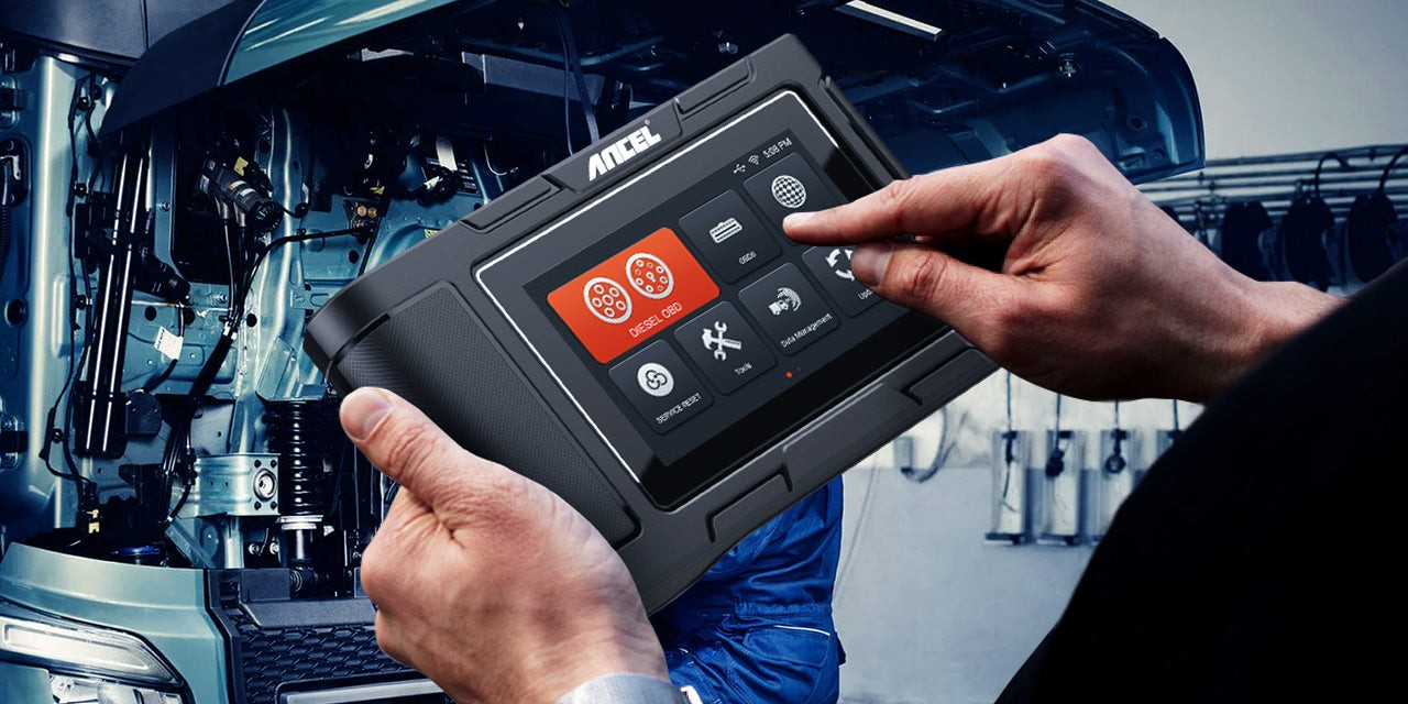 Step-by-step guide on how to use a scanner for car and truck diagnostics, showing a scanner connected to a truck's diagnostic port.