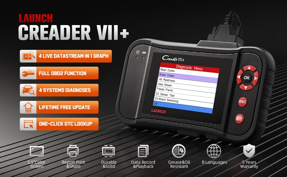 Image of Launch Creader VII+ scanner device front view displaying screen