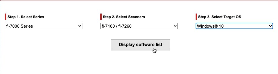 Selecting scanner model and OS to download PaperStream IP driver from Fujitsu website