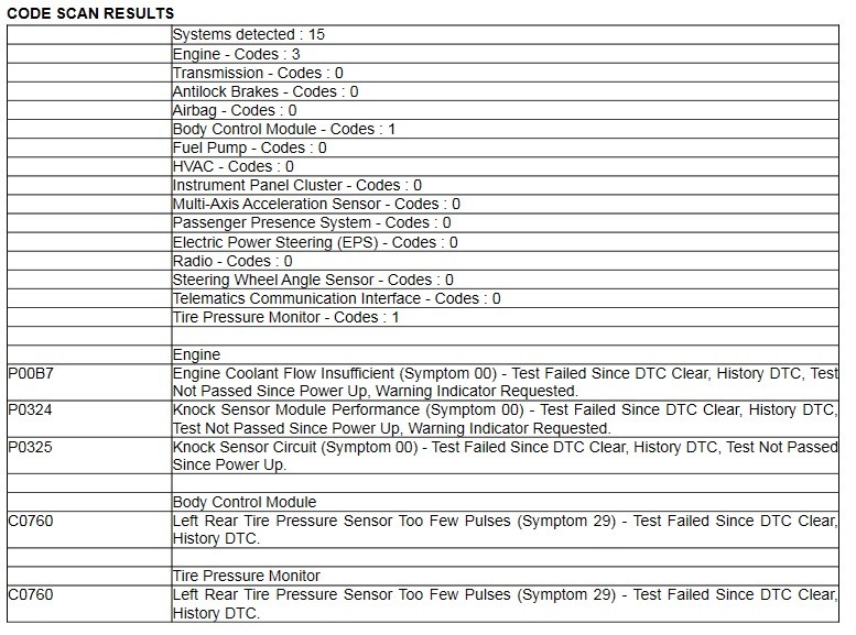 Initial diagnostic trouble codes from a car scanner pro on a Chevy Cruze