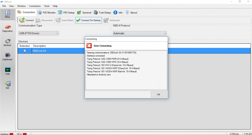 Diagnostic scanner displaying 'No Communication' error, indicating a failed attempt to connect to the car's PCM, a common sign of a 'fried' PCM and a key symptom when your scanner won't communicate with car.